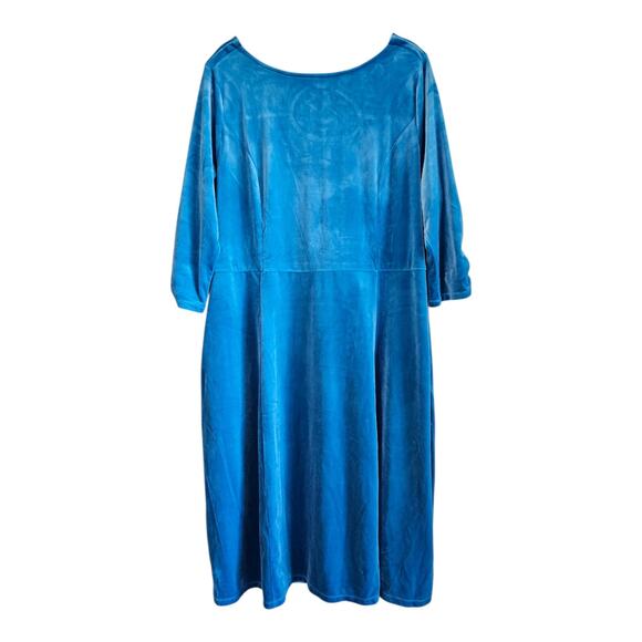 DENIM & CO Women Plus 2X Velvet Dress Midi Turquoise 3/4 Sleeve Elegant Bust 48" - Picture 1 of 8
